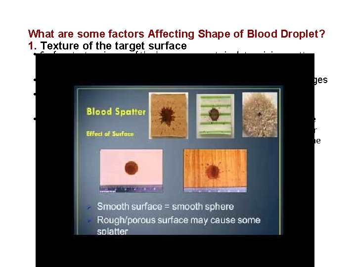What are some factors Affecting Shape of Blood Droplet? 1. Texture of the target