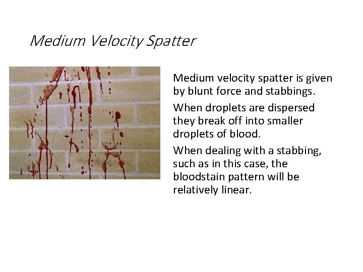 Medium Velocity Spatter Medium velocity spatter is given by blunt force and stabbings. When