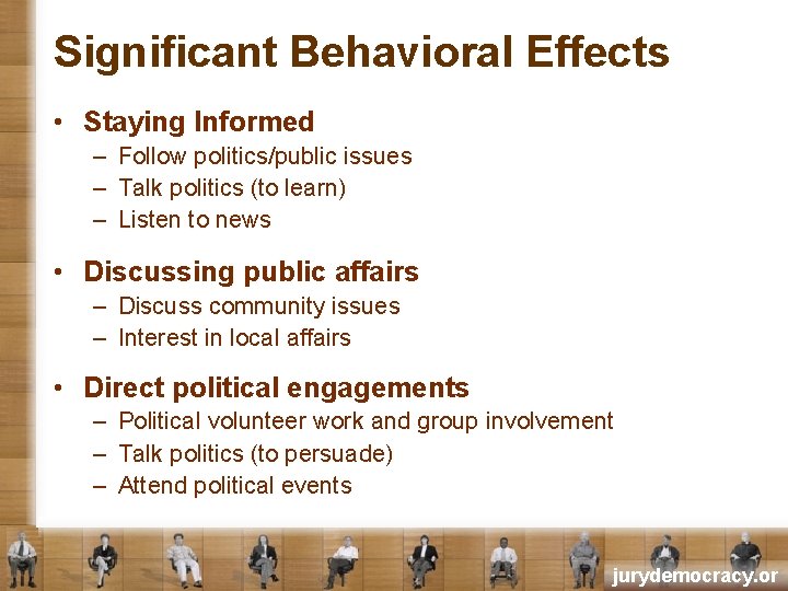 Significant Behavioral Effects • Staying Informed – Follow politics/public issues – Talk politics (to