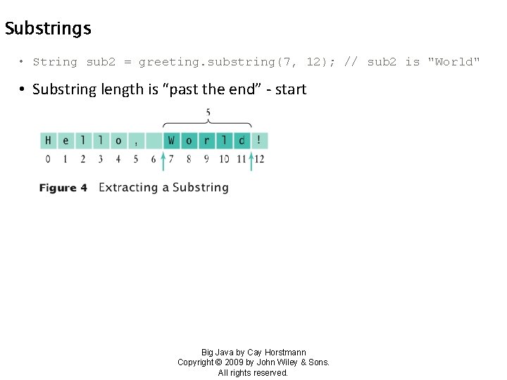 Substrings • String sub 2 = greeting. substring(7, 12); // sub 2 is "World"