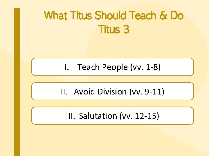 What Titus Should Teach & Do Titus 3 I. Teach People (vv. 1 -8)