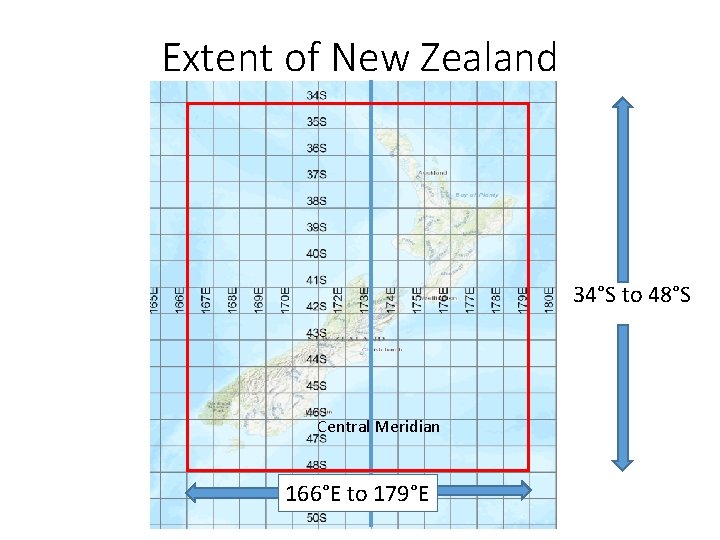 Extent of New Zealand 34°S to 48°S Central Meridian 166°E to 179°E 