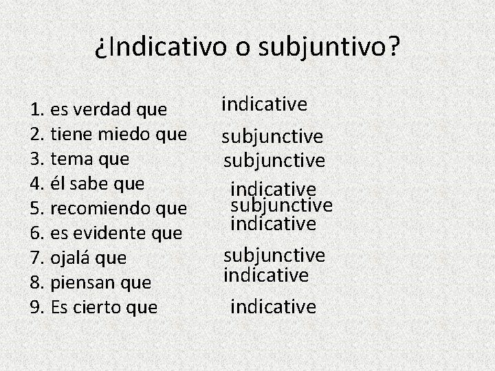 ¿Indicativo o subjuntivo? 1. es verdad que 2. tiene miedo que 3. tema que