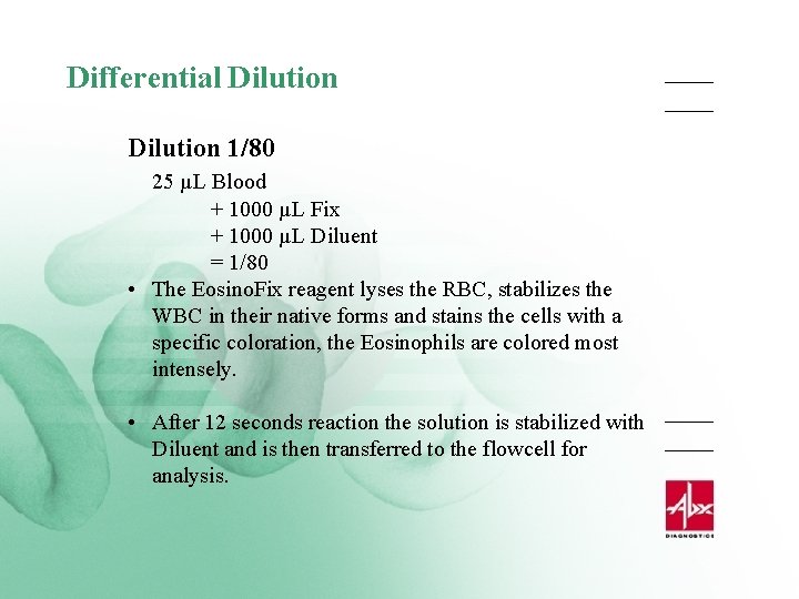 Differential Dilution 1/80 25 µL Blood + 1000 µL Fix + 1000 µL Diluent
