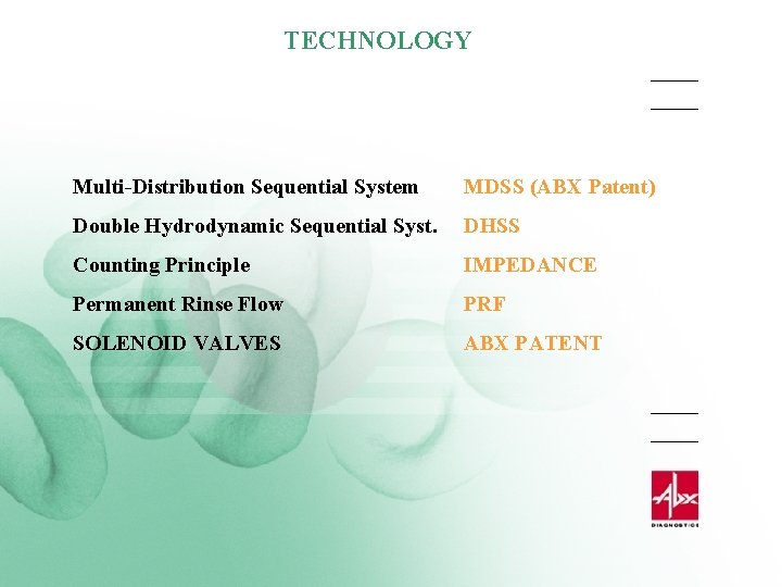 TECHNOLOGY Multi-Distribution Sequential System MDSS (ABX Patent) Double Hydrodynamic Sequential Syst. DHSS Counting Principle