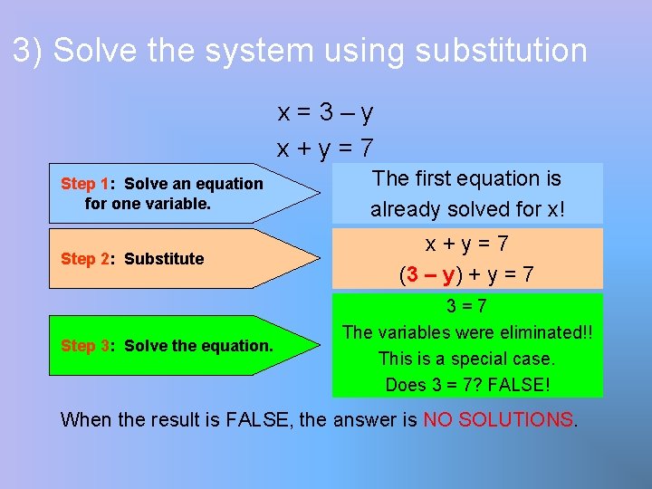 3) Solve the system using substitution x=3–y x+y=7 Step 1: Solve an equation for
