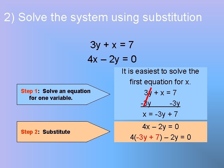 2) Solve the system using substitution 3 y + x = 7 4 x