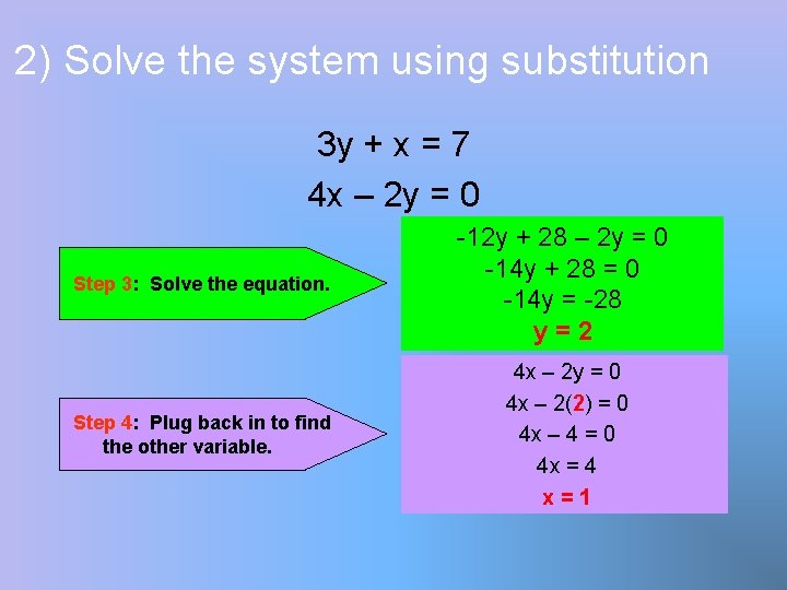 2) Solve the system using substitution 3 y + x = 7 4 x