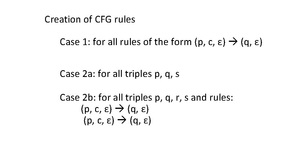 Creation of CFG rules Case 1: for all rules of the form (p, c,