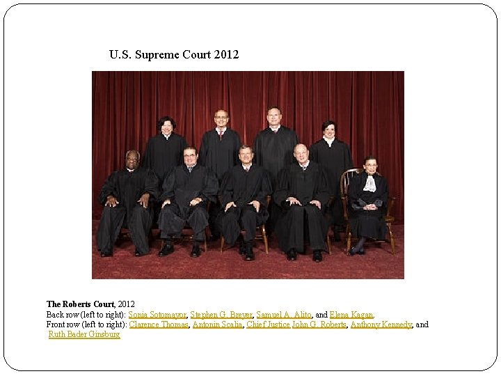 U. S. Supreme Court 2012 The Roberts Court, 2012 Back row (left to right):