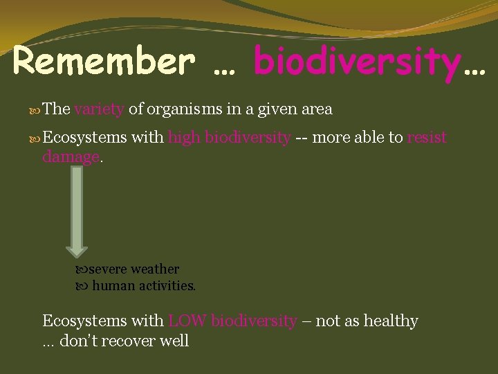 Remember … biodiversity… The variety of organisms in a given area Ecosystems with high