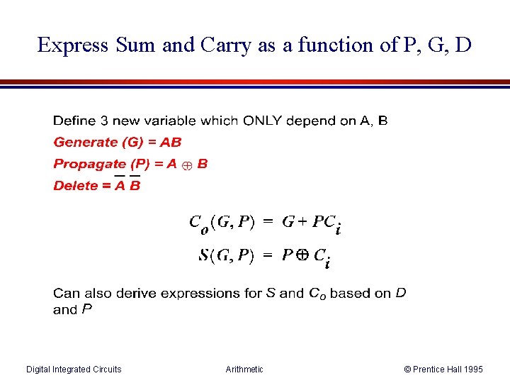 Express Sum and Carry as a function of P, G, D Digital Integrated Circuits