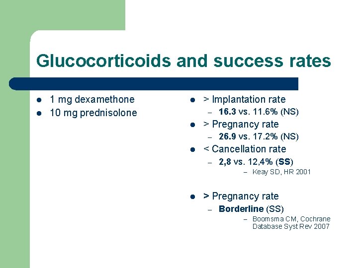 Glucocorticoids and success rates l l 1 mg dexamethone 10 mg prednisolone l >