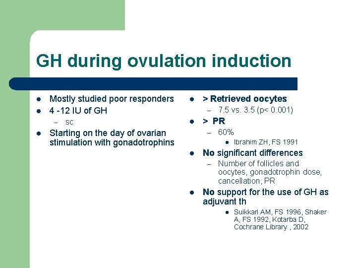 GH during ovulation induction l l Mostly studied poor responders 4 -12 IU of