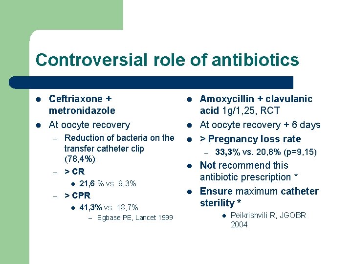 Controversial role of antibiotics l l Ceftriaxone + metronidazole At oocyte recovery – –
