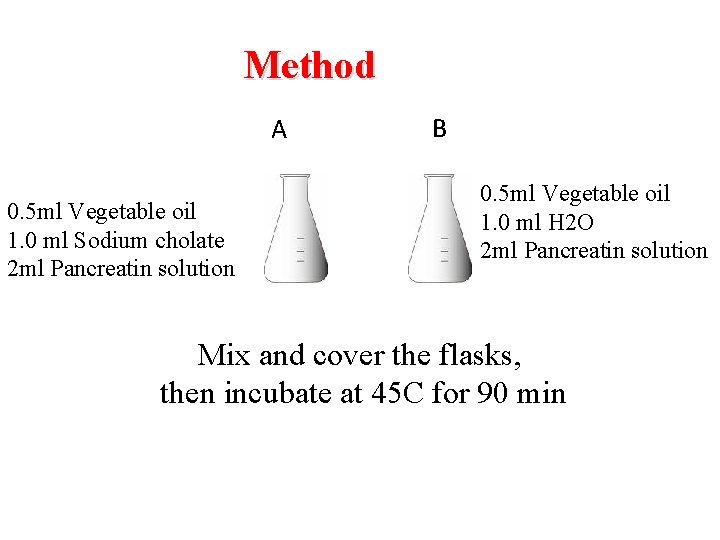 Method A 0. 5 ml Vegetable oil 1. 0 ml Sodium cholate 2 ml