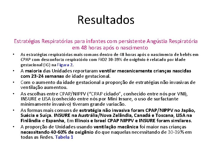 Resultados Estratégias Respiratórias para infantes com persistente Angústia Respiratória em 48 horas após o