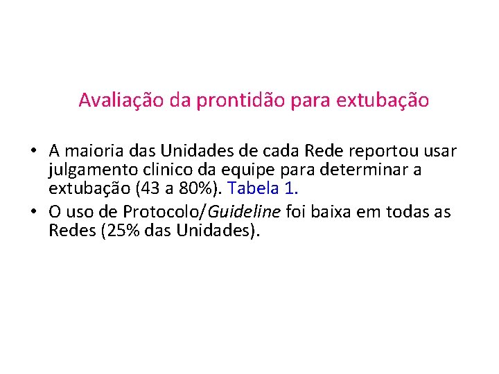 Avaliação da prontidão para extubação • A maioria das Unidades de cada Rede reportou