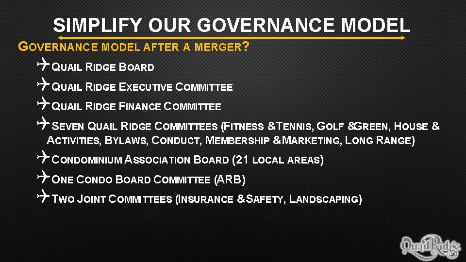 SIMPLIFY OUR GOVERNANCE MODEL AFTER A MERGER? QQUAIL RIDGE BOARD QQUAIL RIDGE EXECUTIVE COMMITTEE