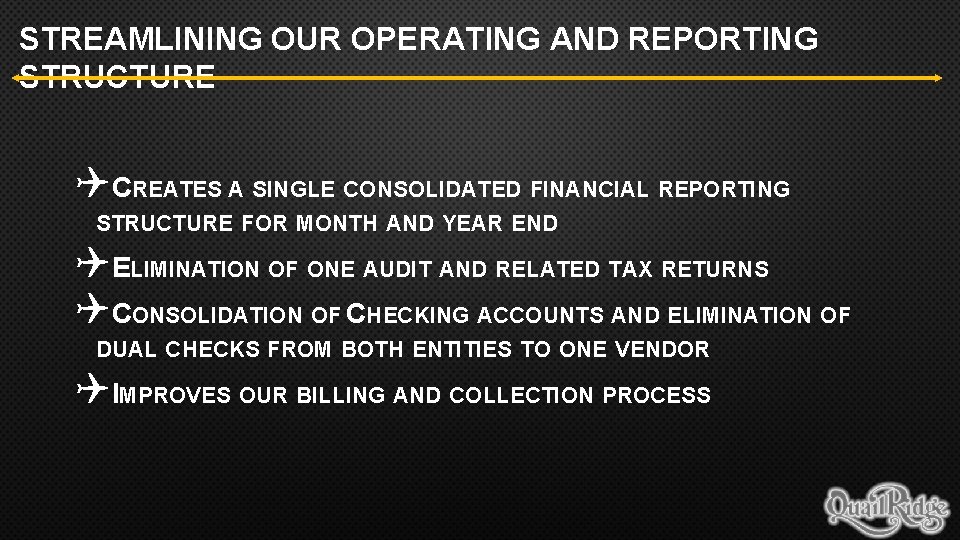 STREAMLINING OUR OPERATING AND REPORTING STRUCTURE QCREATES A SINGLE CONSOLIDATED FINANCIAL REPORTING STRUCTURE FOR