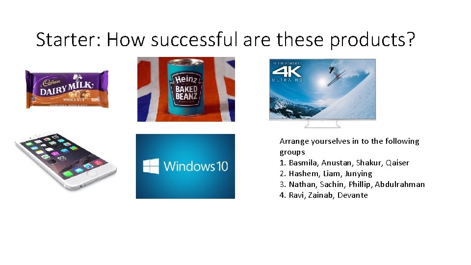 Starter: How successful are these products? Arrange yourselves in to the following groups 1.