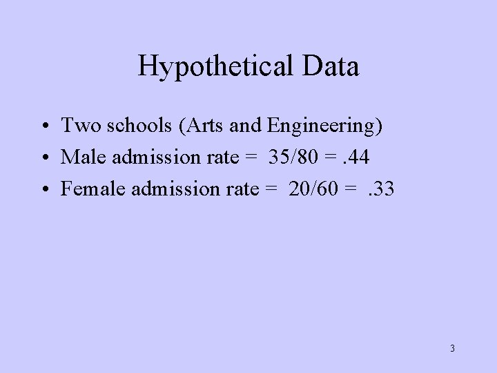 Hypothetical Data • Two schools (Arts and Engineering) • Male admission rate = 35/80