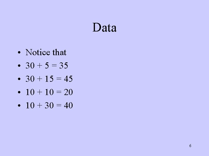 Data • • • Notice that 30 + 5 = 35 30 + 15