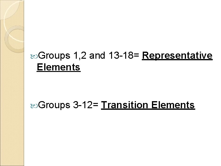  Groups 1, 2 and 13 -18= Representative Elements Groups 3 -12= Transition Elements