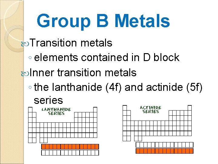 Group B Metals Transition metals ◦ elements contained in D block Inner transition metals