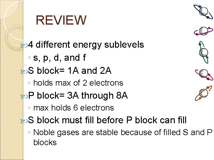 REVIEW 4 different energy sublevels ◦ s, p, d, and f S block= 1