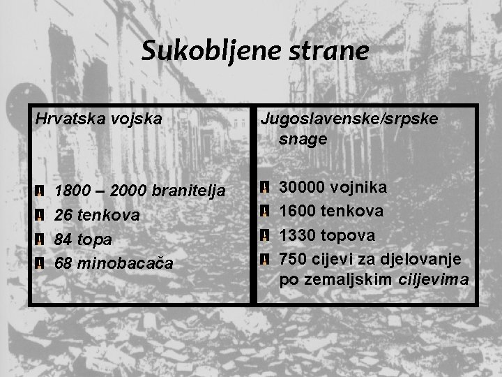 Sukobljene strane Hrvatska vojska 1800 – 2000 branitelja 26 tenkova 84 topa 68 minobacača