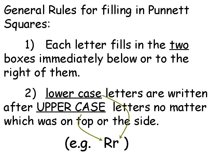 General Rules for filling in Punnett Squares: 1) Each letter fills in the two