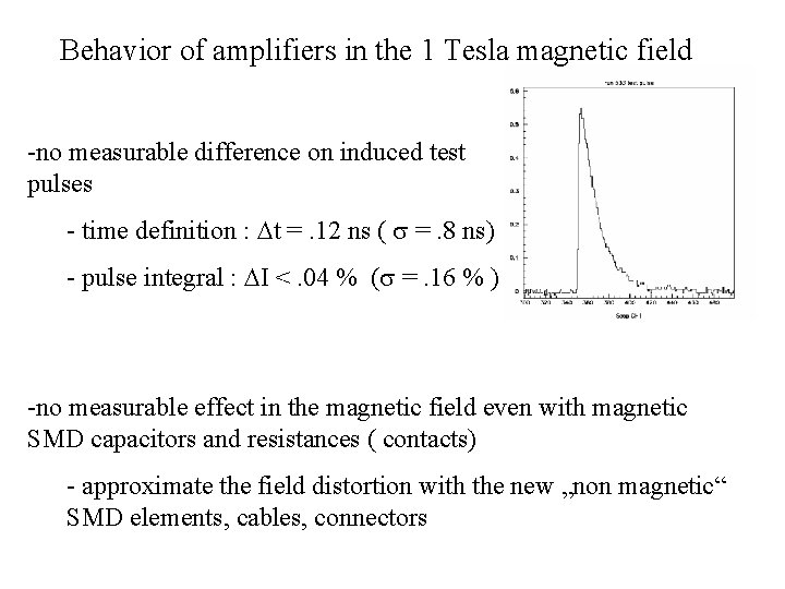 Behavior of amplifiers in the 1 Tesla magnetic field -no measurable difference on induced