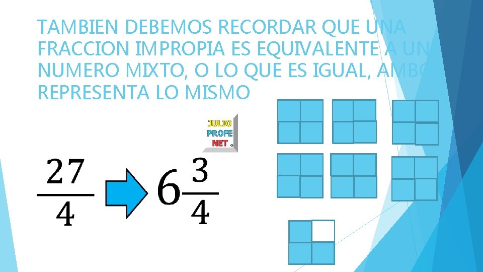 TAMBIEN DEBEMOS RECORDAR QUE UNA FRACCION IMPROPIA ES EQUIVALENTE A UN NUMERO MIXTO, O