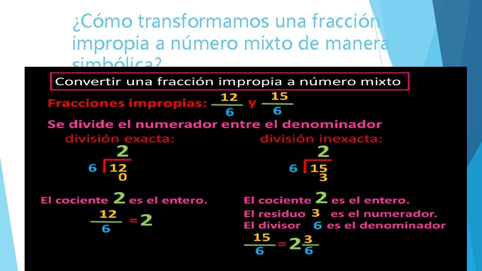¿Cómo transformamos una fracción impropia a número mixto de manera simbólica? 