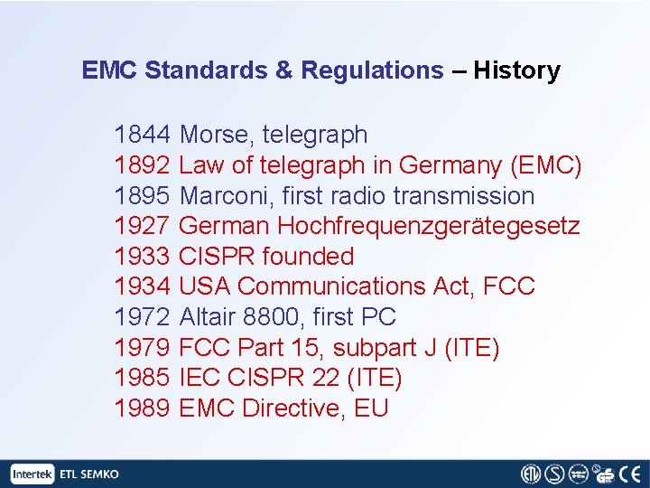 EMC Standards & Regulations – History 1844 1892 1895 1927 1933 1934 1972 1979