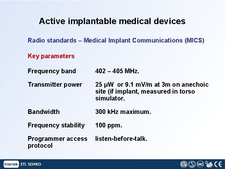 Active implantable medical devices Radio standards – Medical Implant Communications (MICS) Key parameters Frequency