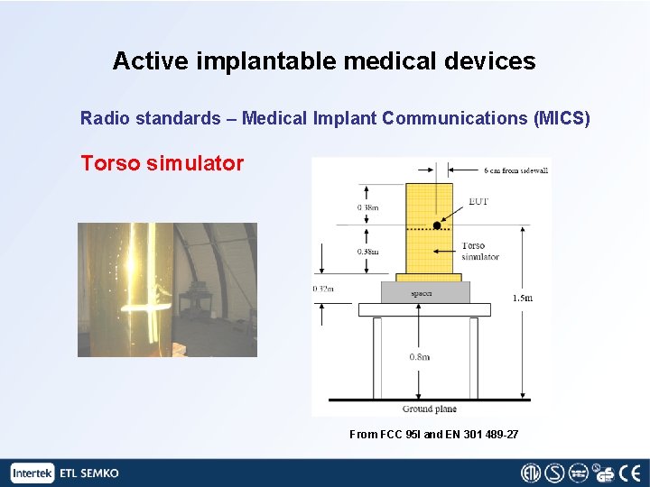 Active implantable medical devices Radio standards – Medical Implant Communications (MICS) Torso simulator From