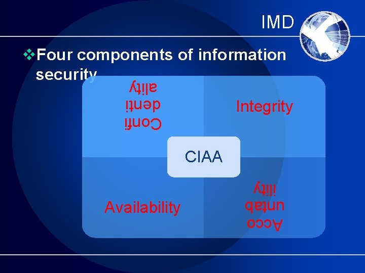 IMD v. Four components of information security Confi denti ality Integrity CIAA Acco untab
