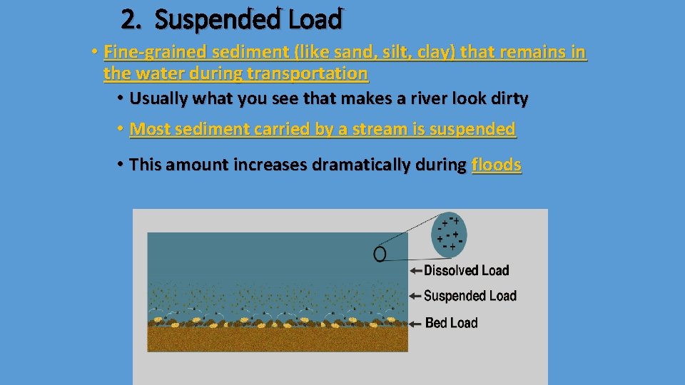 2. Suspended Load • Fine-grained sediment (like sand, silt, clay) that remains in the