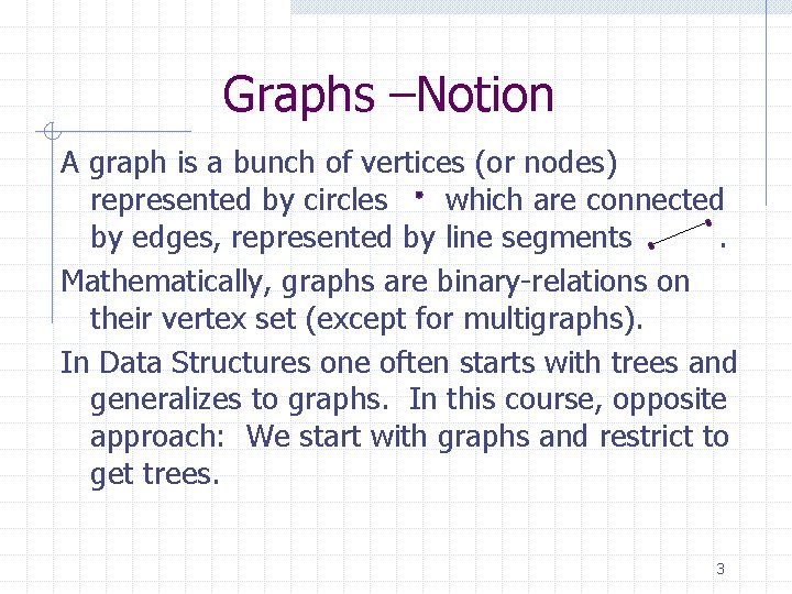 Graphs –Notion A graph is a bunch of vertices (or nodes) represented by circles