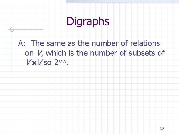 Digraphs A: The same as the number of relations on V, which is the