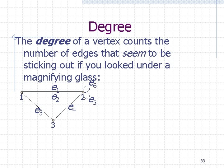 Degree The degree of a vertex counts the number of edges that seem to