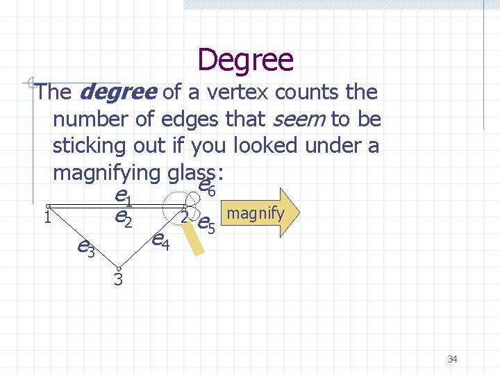Degree The degree of a vertex counts the number of edges that seem to