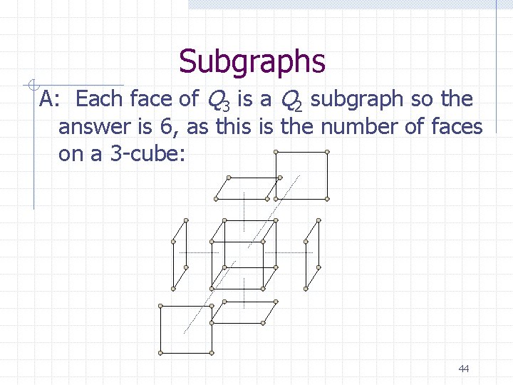 Subgraphs A: Each face of Q 3 is a Q 2 subgraph so the