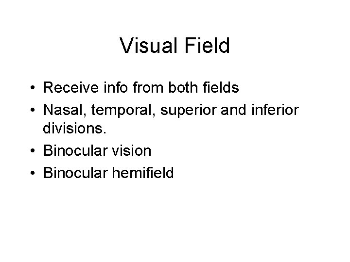 Visual Field • Receive info from both fields • Nasal, temporal, superior and inferior