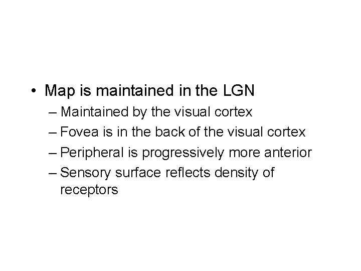  • Map is maintained in the LGN – Maintained by the visual cortex