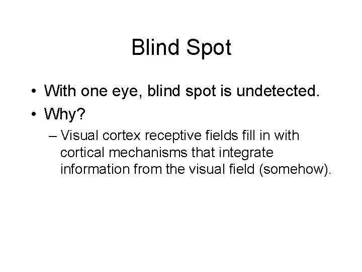 Blind Spot • With one eye, blind spot is undetected. • Why? – Visual