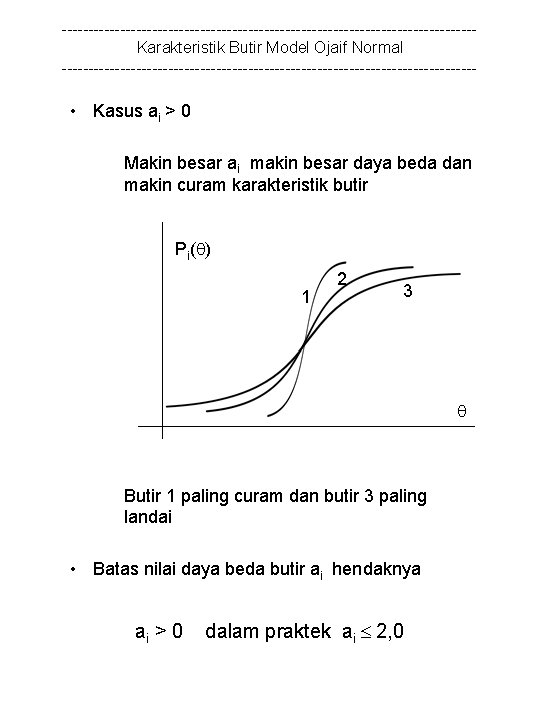 ---------------------------------------Karakteristik Butir Model Ojaif Normal --------------------------------------- • Kasus ai > 0 Makin besar ai