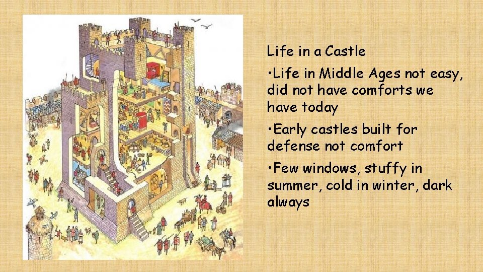 Life in a Castle • Life in Middle Ages not easy, did not have